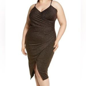 FOURTEENTH PLACE Cosima Metallic Pinstripe Faux Wrap Midi Dress Plus Size 1X NWT